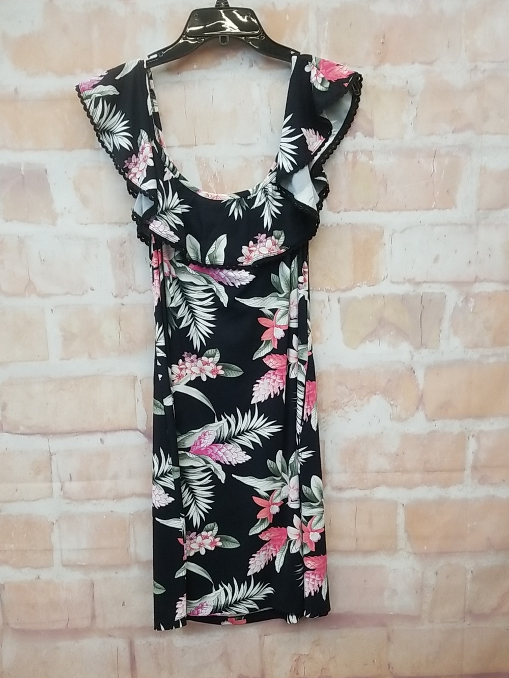 Tommy Bahama Floral Black Off-Shoulder Dress with Pink Accents - Picture 5 of 5